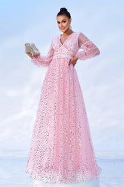 Blushing Pink V-Neck A-Line Sequin Evening Dresses with Long Sleeves