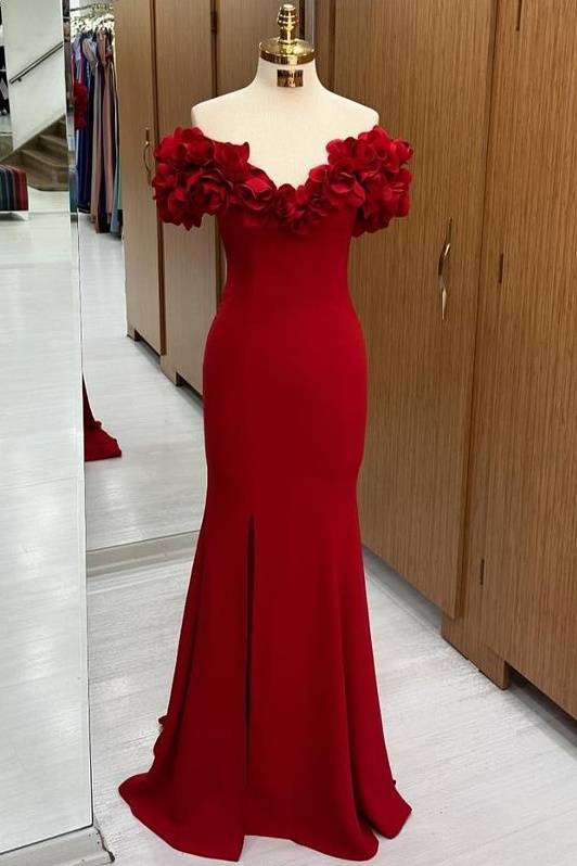 Elegant Red V-Neck Off-The-Shoulder Mermaid Floor-Length Prom Dresses