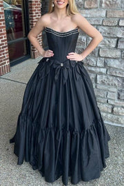 Black Floor-Length Strapless A-Line Prom Dresses with Bow