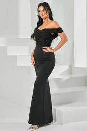 Black Off-The-Shoulder Mermaid Satin Sequin Evening Dresses