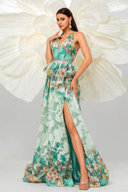 Halter A-Line Split Front Floral Evening Dresses with Rhinestones
