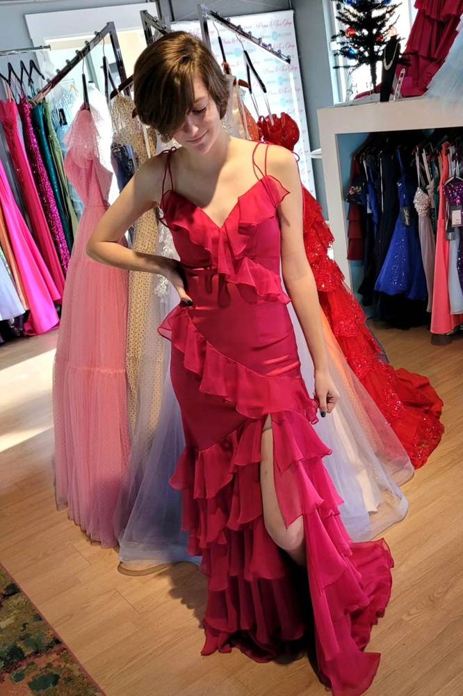 Fuchsia V-Neck Mermaid Ruffles Spaghetti Straps Tulle Prom Dresses with Slit