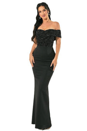 Black Off-The-Shoulder Mermaid Satin Sequin Evening Dresses