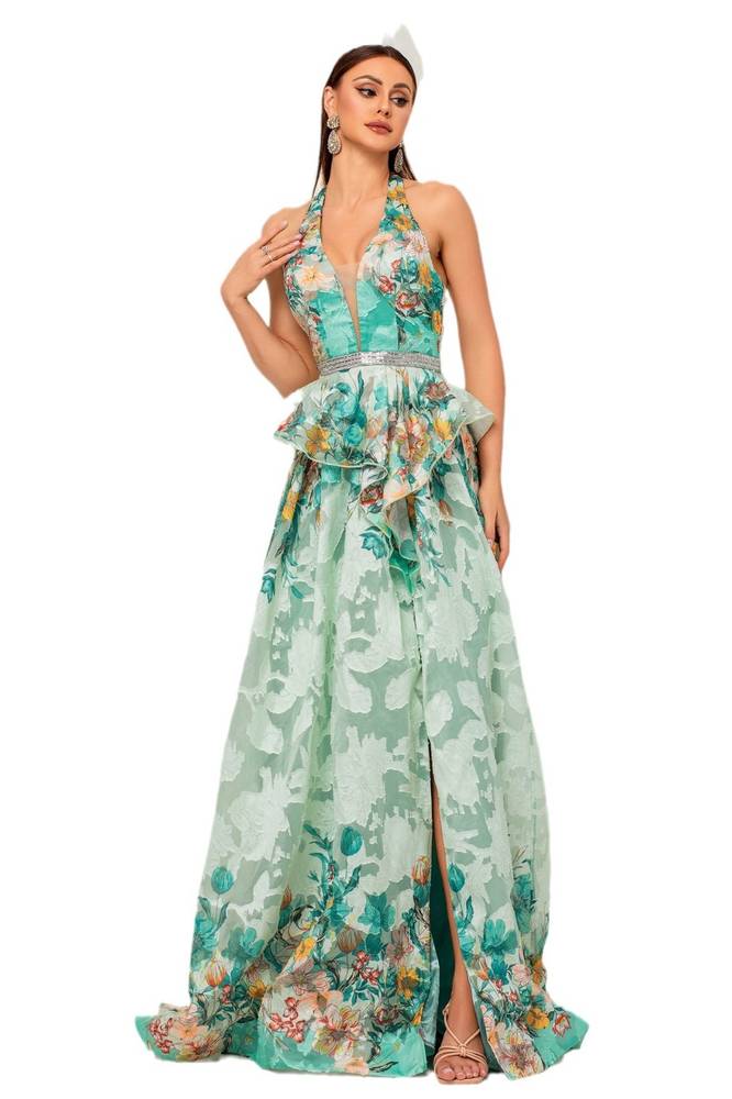 Halter A-Line Split Front Floral Evening Dresses with Rhinestones