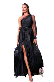 Black One-Shoulder Long Sleeves Mermaid Tulle Prom Dresses with Sash