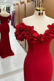 Elegant Red V-Neck Off-The-Shoulder Mermaid Floor-Length Prom Dresses