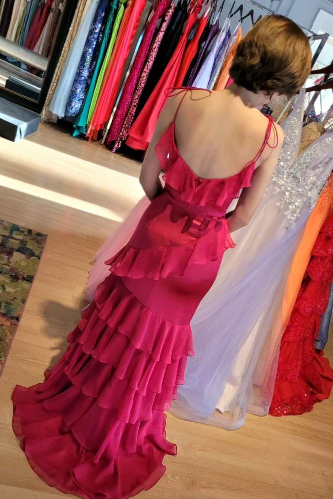 Fuchsia V-Neck Mermaid Ruffles Spaghetti Straps Tulle Prom Dresses with Slit