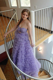 Lilac Tiered Strapless Tulle Split Front Prom Dresses with Flower