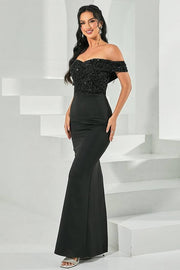 Black Off-The-Shoulder Mermaid Satin Sequin Evening Dresses