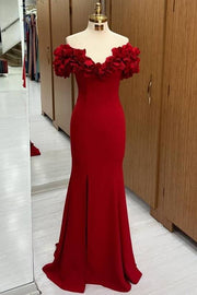 Elegant Red V-Neck Off-The-Shoulder Mermaid Floor-Length Prom Dresses