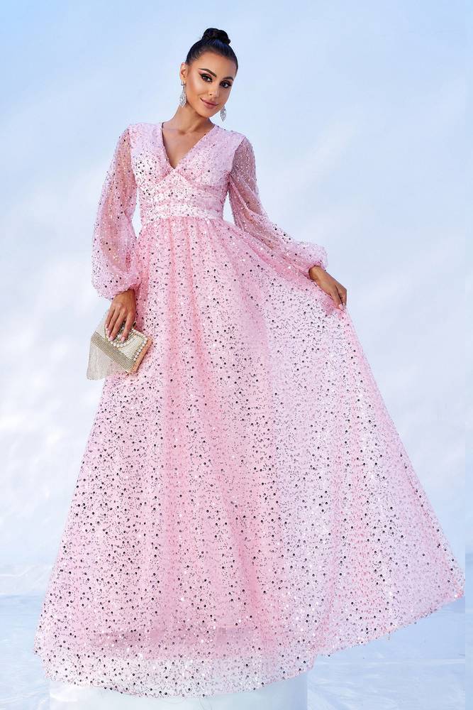 Blushing Pink V-Neck A-Line Sequin Evening Dresses with Long Sleeves