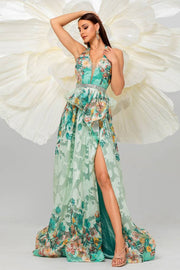 Halter A-Line Split Front Floral Evening Dresses with Rhinestones