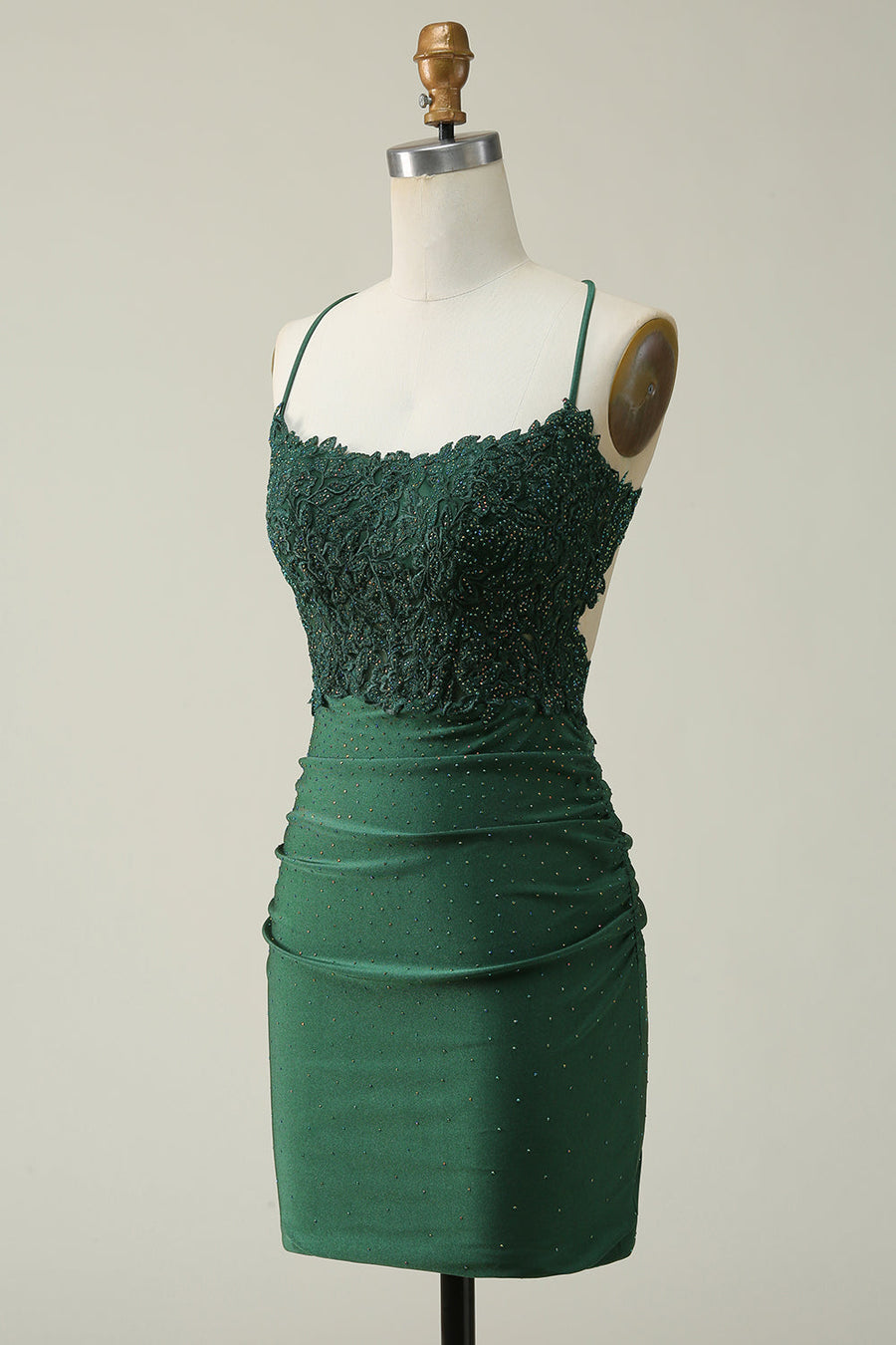 Dark Green Sheath Spaghetti Straps Short Homecoming Dresses Lace Satin with Appliques