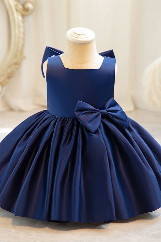 Dark Navy Ball Gown Sleeveless Satin Flower Girl Dresses with Bow