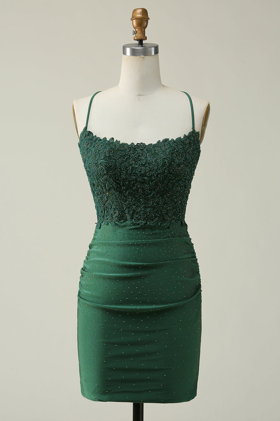 Dark Green Sheath Spaghetti Straps Short Homecoming Dresses Lace Satin with Appliques