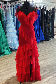 Red V-Neck Mermaid Ruffles Spaghetti Straps Tulle Prom Dresses with Slit