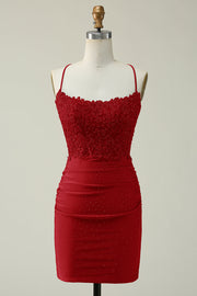 Red Sheath Spaghetti Straps Short Homecoming Dresses Lace Satin with Appliques