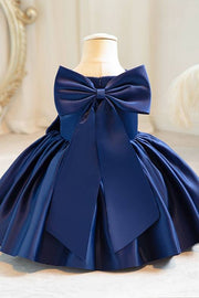 Dark Navy Ball Gown Sleeveless Satin Flower Girl Dresses with Bow