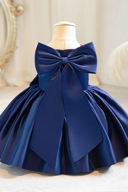 Dark Navy Ball Gown Sleeveless Satin Flower Girl Dresses with Bow