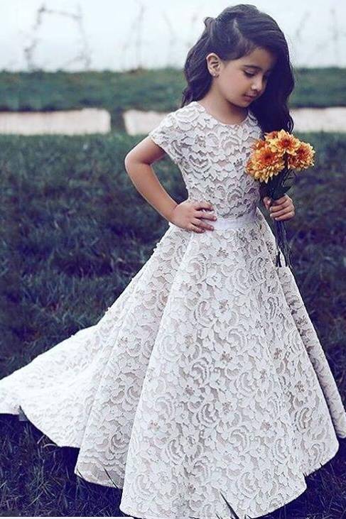 Long A-Line Jewel Neck Lace Flower Girl Dresses with Short Sleeves