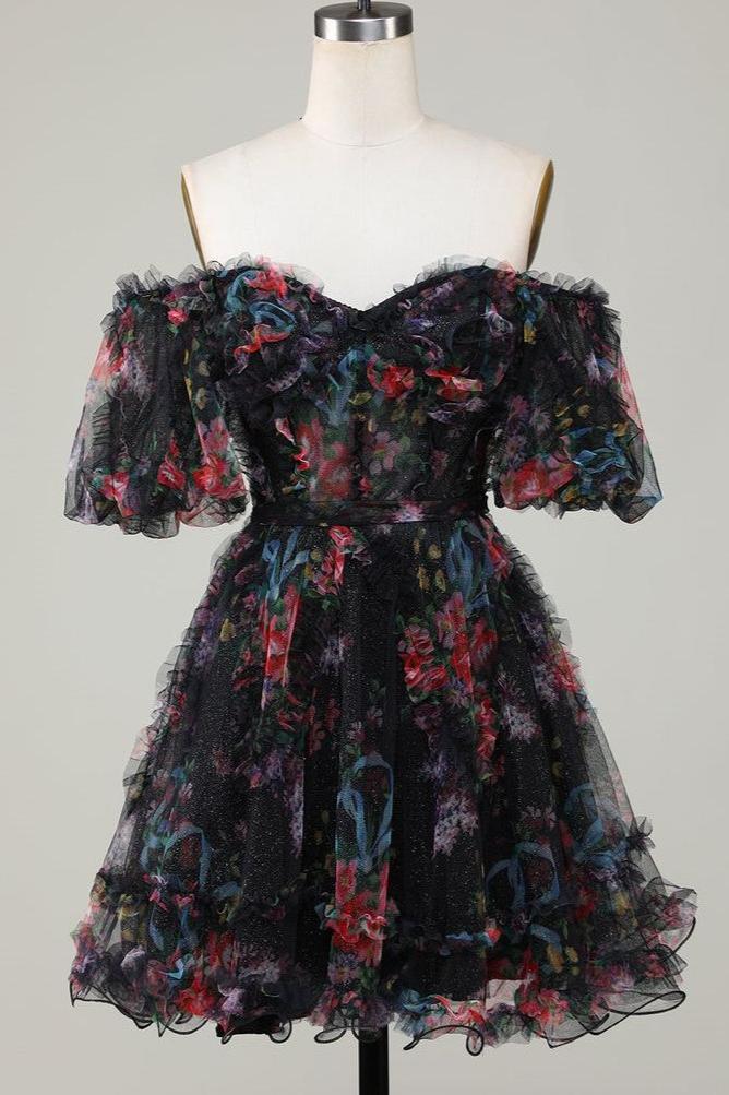 Black Sweetheart Short Sleeves Floral Print A-Line Homecoming Dresses