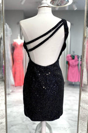 Black One-Shoulder Sequined Sleeveless Sheath Homecoming Dresses with Slit