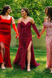 Luxurious Long Sequined Strapless Mermaid Slit Prom Dresses with Sleeves