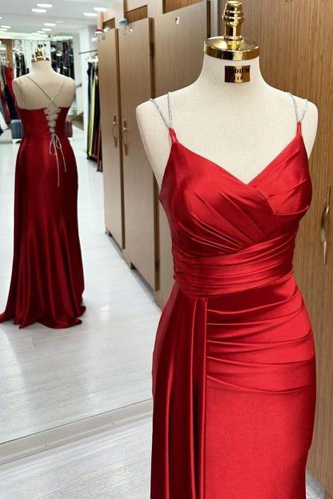 Fabulous Floor-Length V-Neck Sleeveless Mermaid Satin Prom Dresses with Train