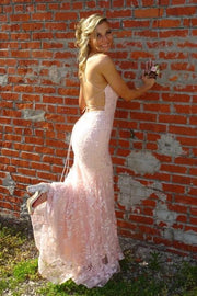 Blushing Pink Backless Mermaid Lace Prom Dresses