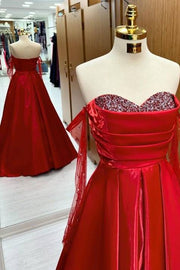 Charming A-Line Floor-Length Off-The-Shoulder Long Sleeves Satin Prom Dresses