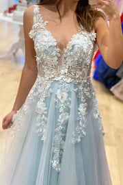 Sky Blue V-Neck Sleeveless A-Line Tulle Evening Dresses with Appliques