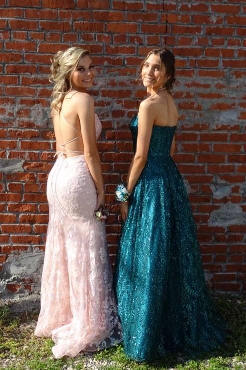 Blushing Pink Backless Mermaid Lace Prom Dresses