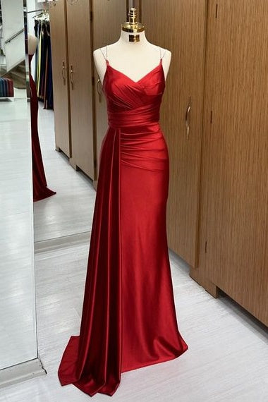 Fabulous Floor-Length V-Neck Sleeveless Mermaid Satin Prom Dresses with Train