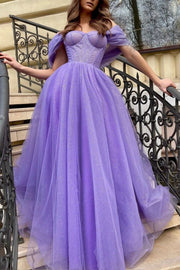 Purple Off-The-Shoulder A-Line Sequin Tulle Prom Dresses with Slit