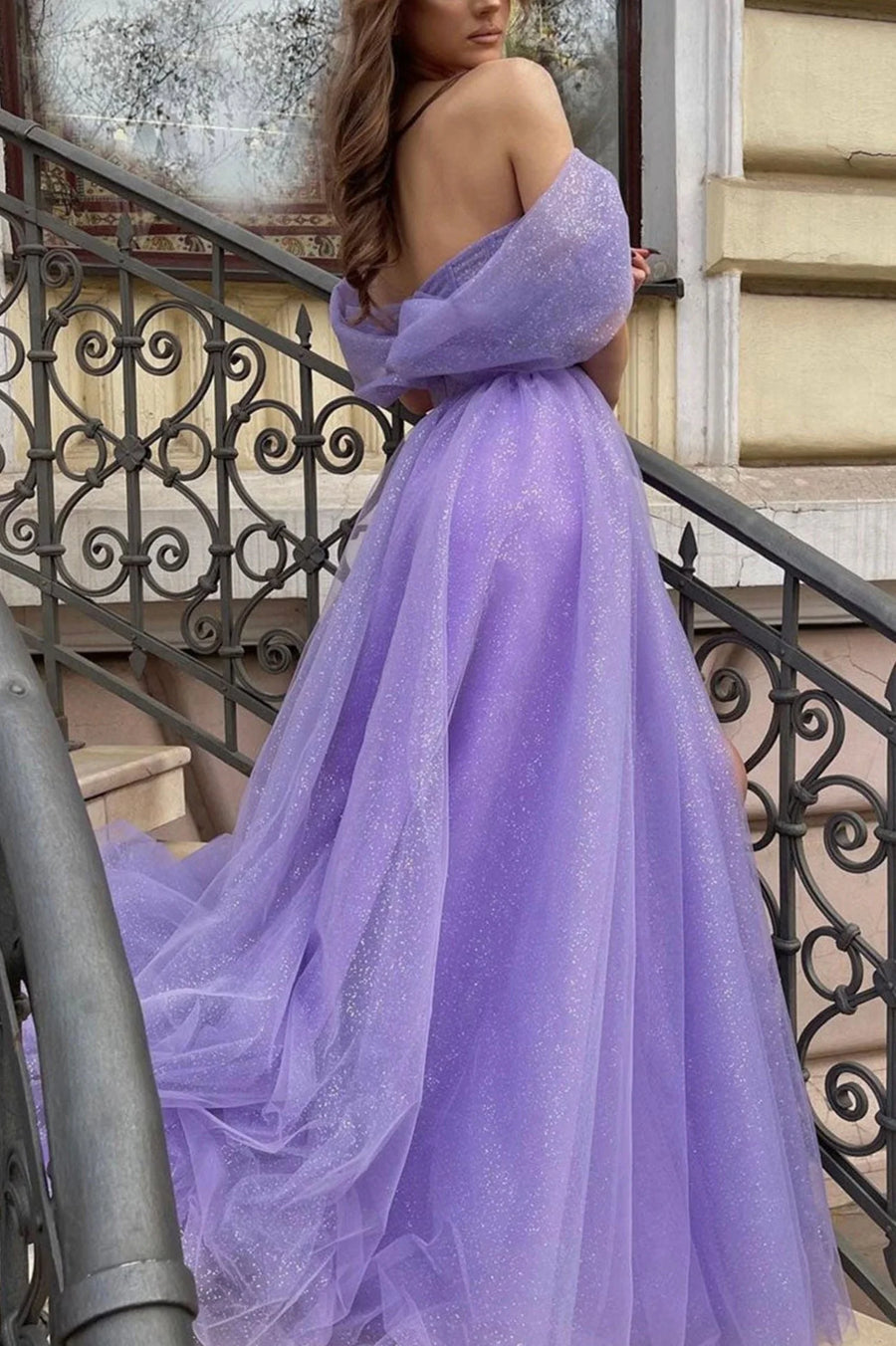 Purple Off-The-Shoulder A-Line Sequin Tulle Prom Dresses with Slit