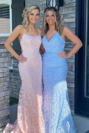 Blushing Pink Backless Mermaid Lace Prom Dresses