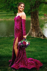 Luxurious Long Sequined Strapless Mermaid Slit Prom Dresses with Sleeves