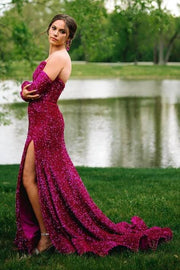 Luxurious Long Sequined Strapless Mermaid Slit Prom Dresses with Sleeves