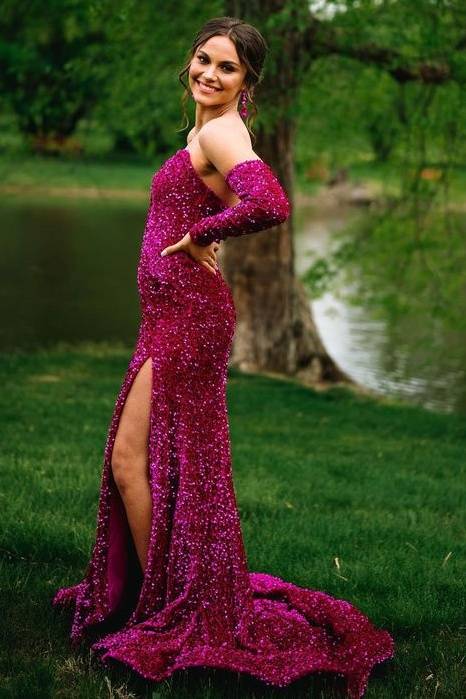 Luxurious Long Sequined Strapless Mermaid Slit Prom Dresses with Sleeves