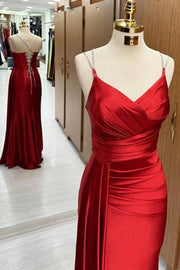 Fabulous Floor-Length V-Neck Sleeveless Mermaid Satin Prom Dresses with Train