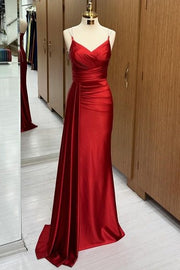 Fabulous Floor-Length V-Neck Sleeveless Mermaid Satin Prom Dresses with Train