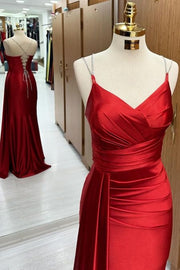 Fabulous Floor-Length V-Neck Sleeveless Mermaid Satin Prom Dresses with Train