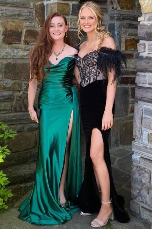 Dark Green Sweetheart Strapless Mermaid Prom Dresses Long Satin with Slit