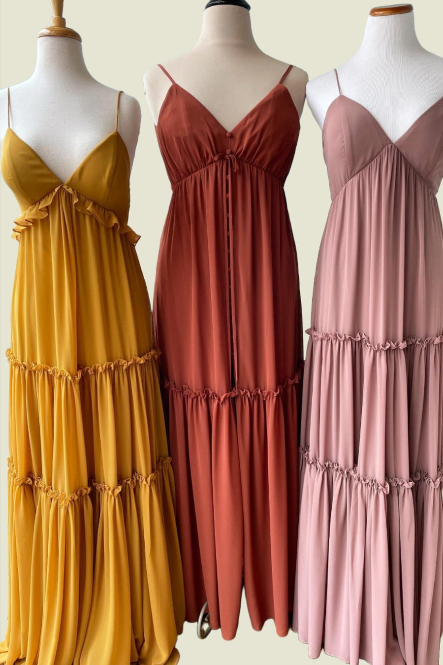 Turmeric Spaghetti Straps A-Line V-Neck Long Bridesmaid Dresses