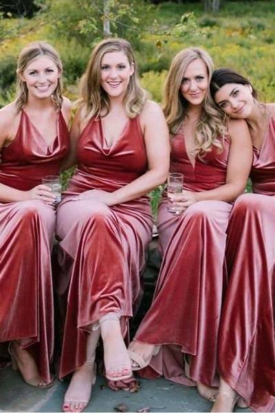 Red Cowl Neck Sleeveless Long Velvet Bridesmaid Dresses