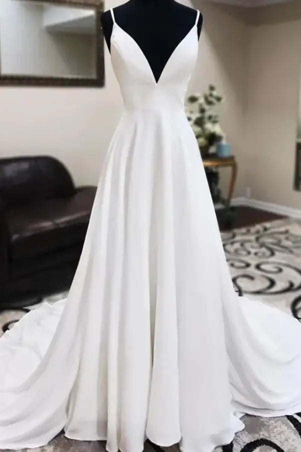 Sexy Deep V-Neck Sleeveless Long A-Line Satin Lace Wedding Dresses