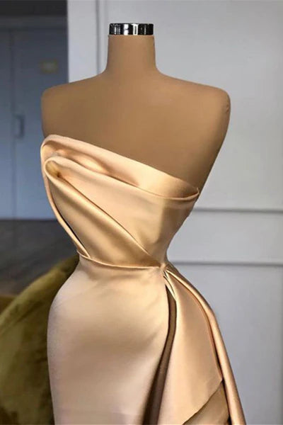 Champagne Mermiad Satin Long Prom Dresses with Slit