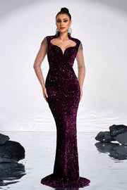 Grape V-Neck Mermaid Sequin Long Sleeves Evening Dresses