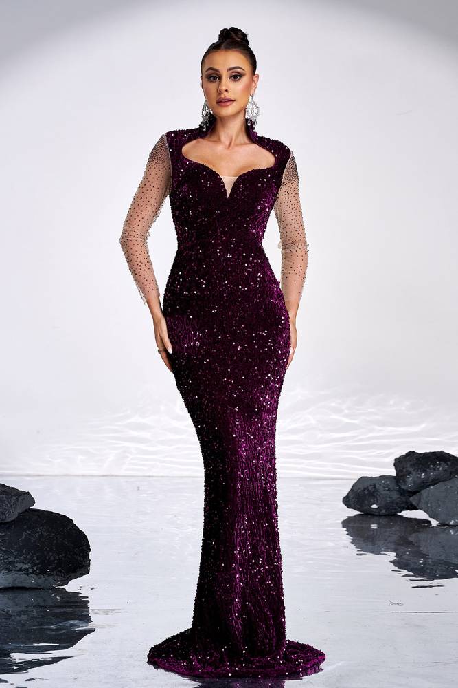 Grape V-Neck Mermaid Sequin Long Sleeves Evening Dresses