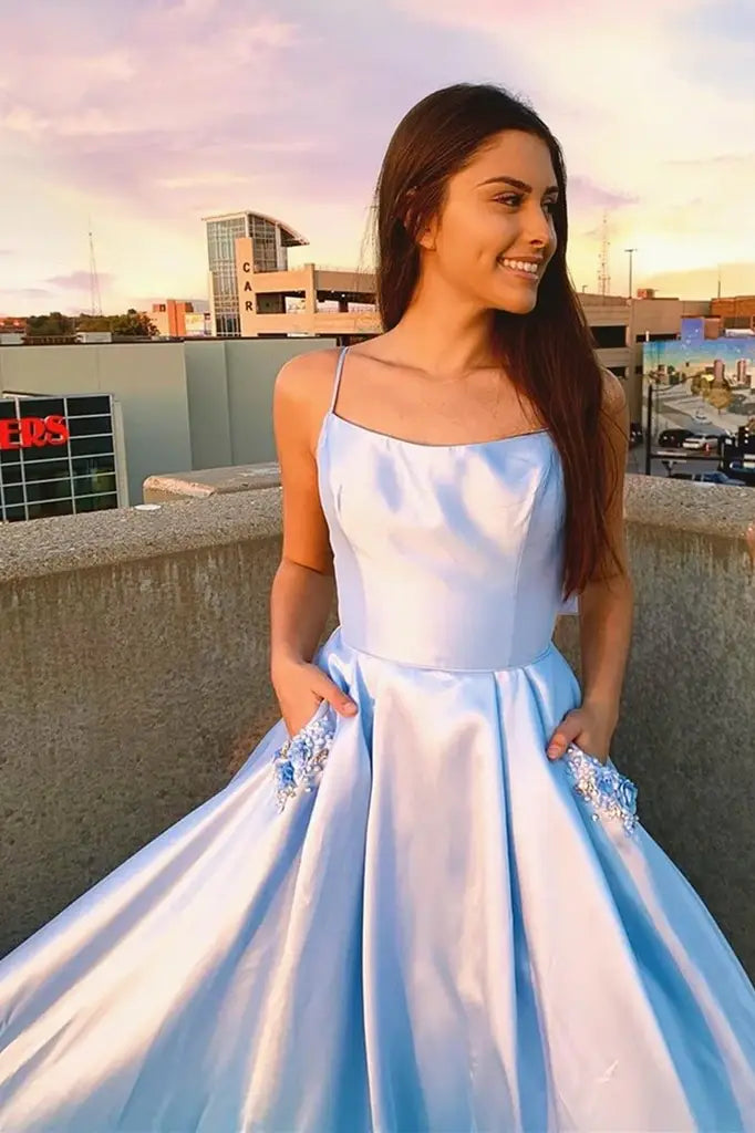 Blue Floor-Length A-Line Sain Prom Dresses with Pockets